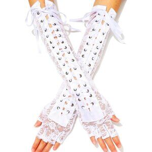 Women's Long Lace Fingerless Rhinestone White Gloves Party Tea Pram Accessories